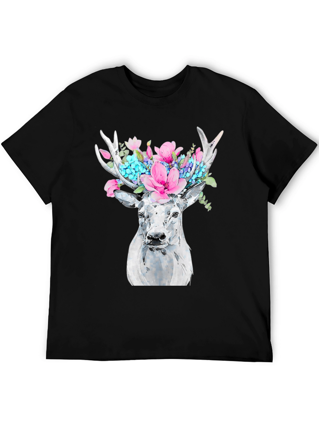 Floral Deer Graphic Tee - Black Cotton T-Shirt