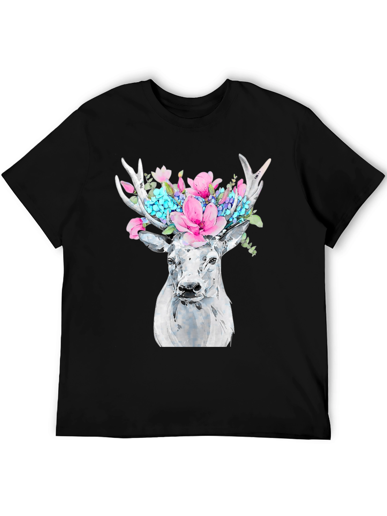 Floral Deer Graphic Tee - Black Cotton T-Shirt
