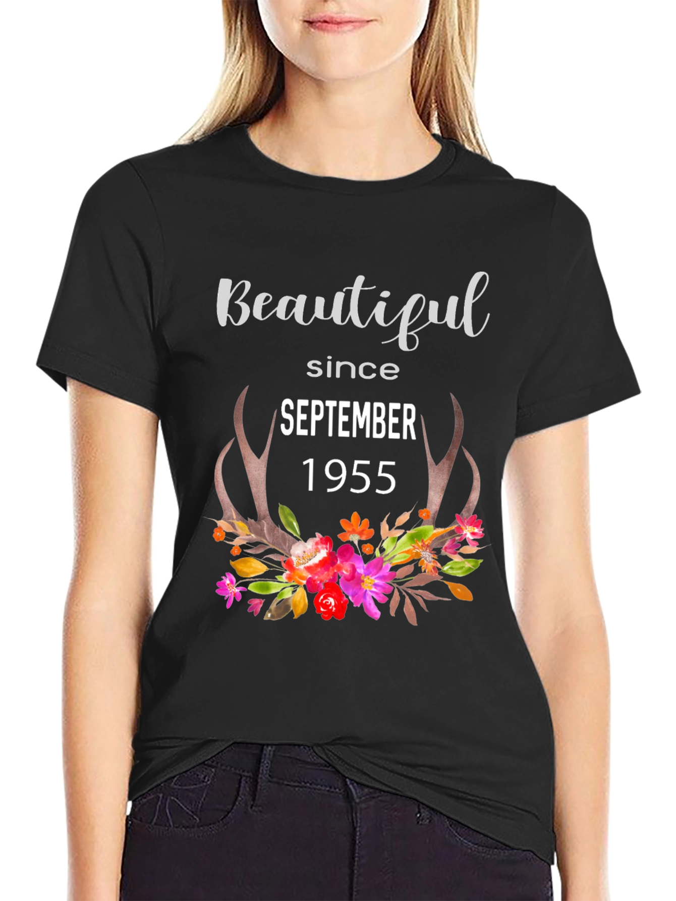 Beautiful Since September 1955 Floral Deer Antler T-Shirt