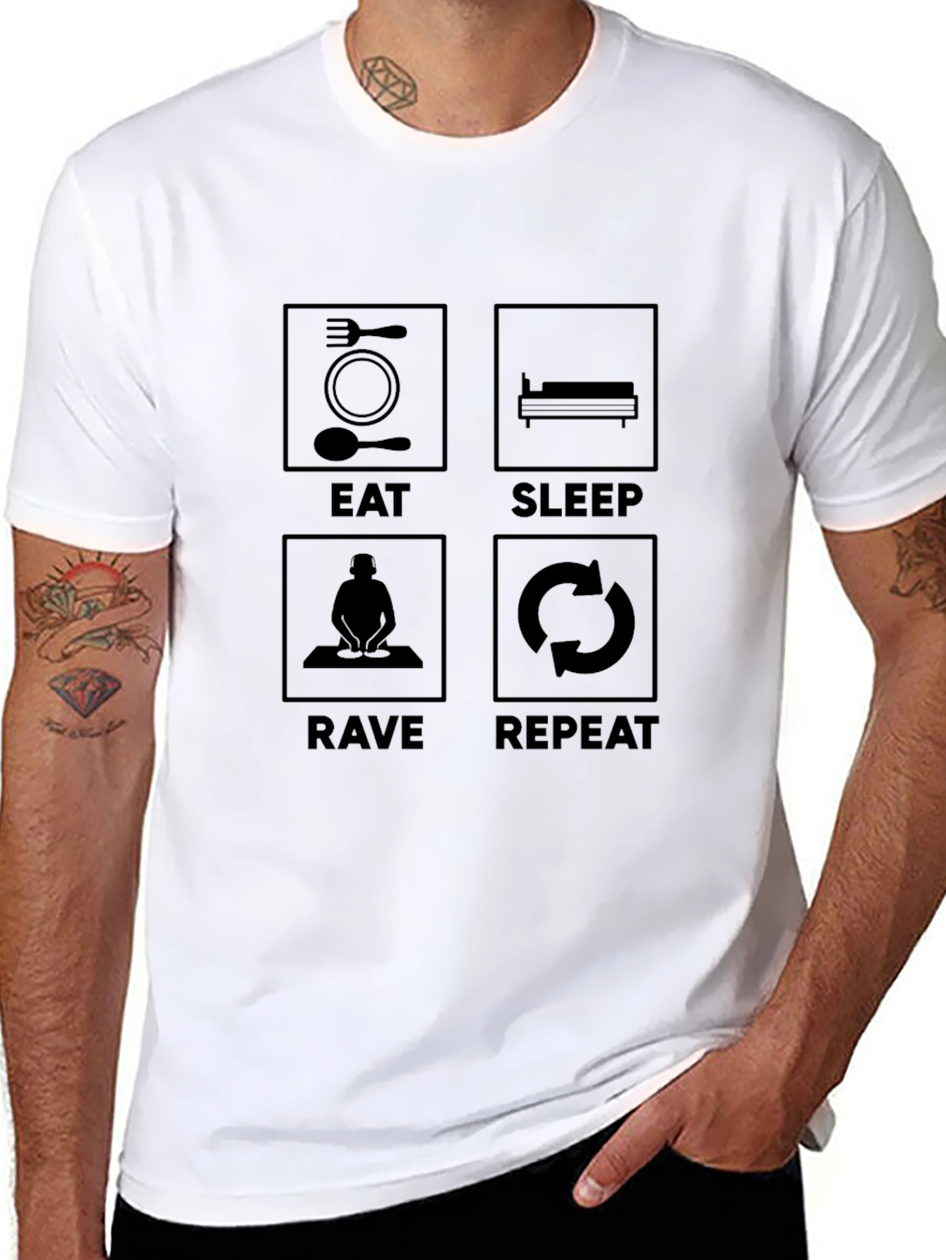 Eat Sleep Rave Repeat Graphic Tee - Black Cotton T-Shirt
