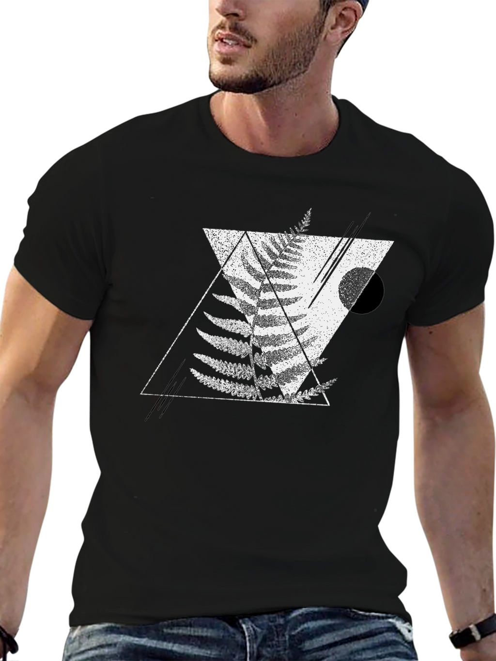 Geometric Fern Print Black T-Shirt