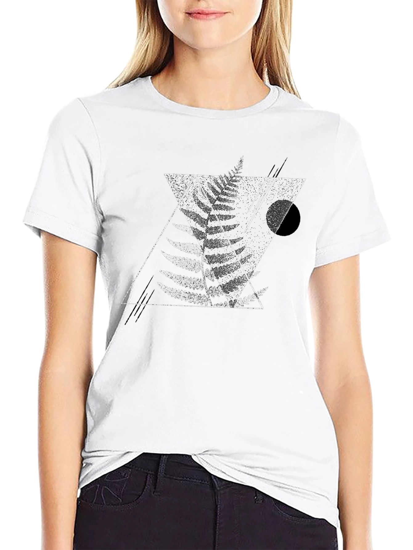 Geometric Fern Print Black T-Shirt