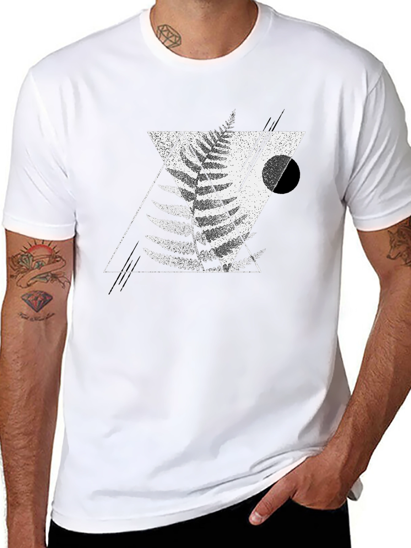 Geometric Fern Print Black T-Shirt