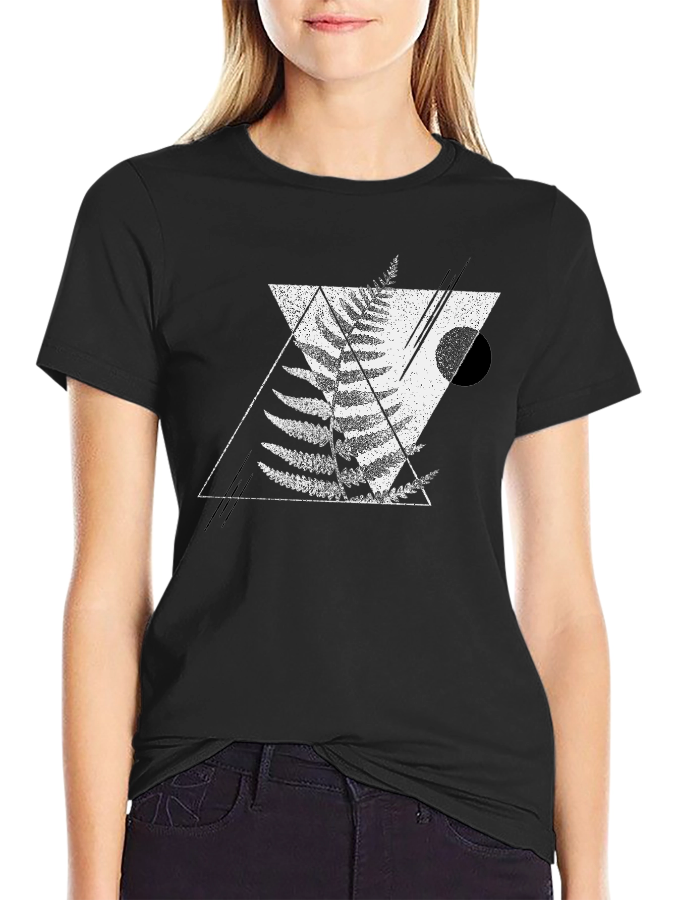 Geometric Fern Print Black T-Shirt