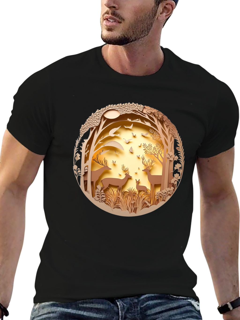 Nature Deer Graphic Black T-Shirt