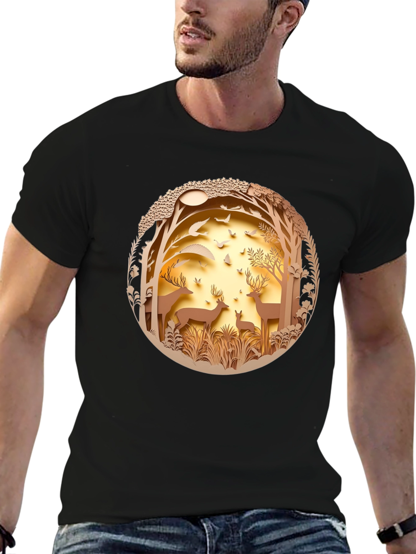 Nature Deer Graphic Black T-Shirt
