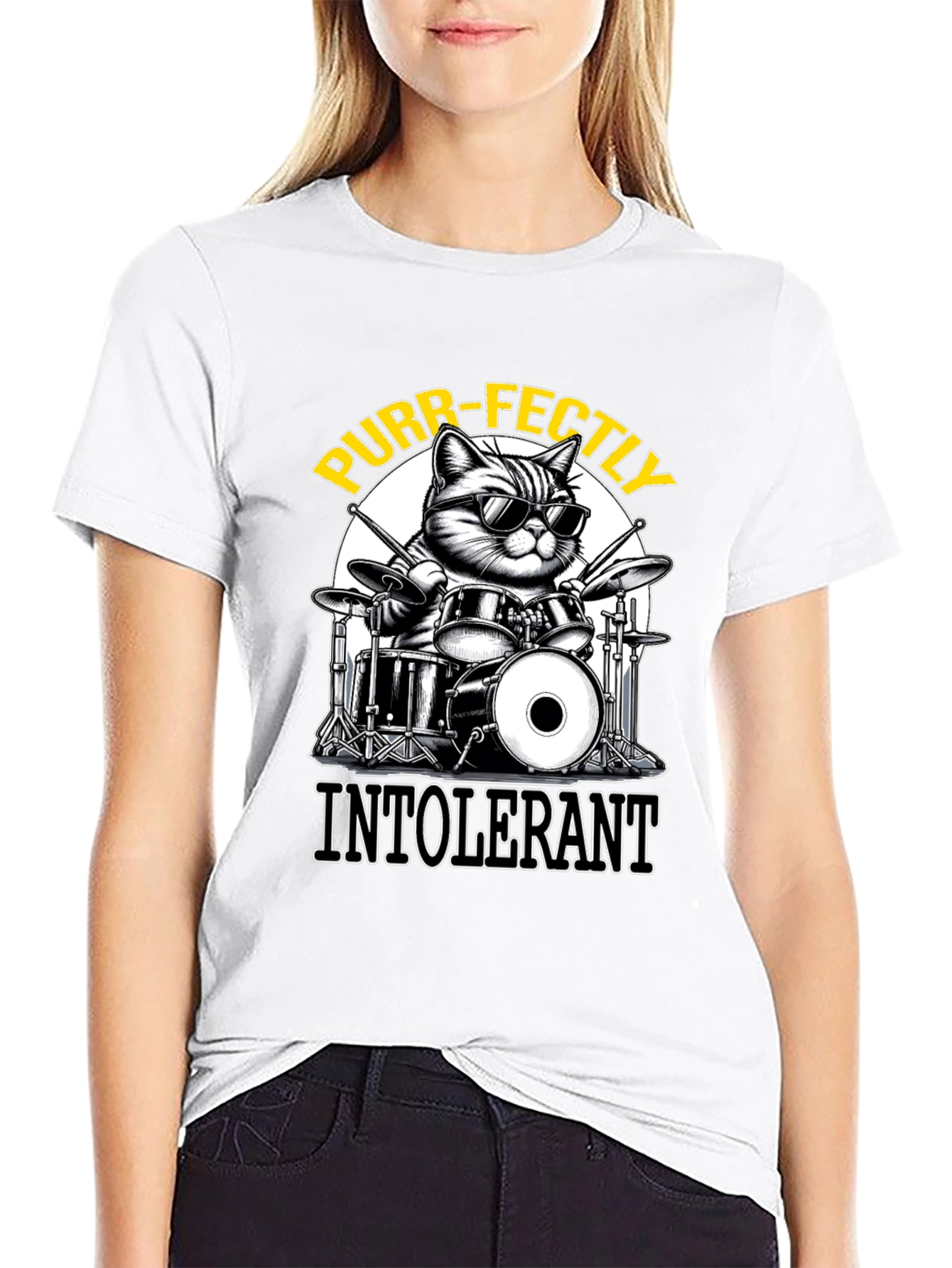 Purr-fectly Intolerant Cat Drummer T-Shirt