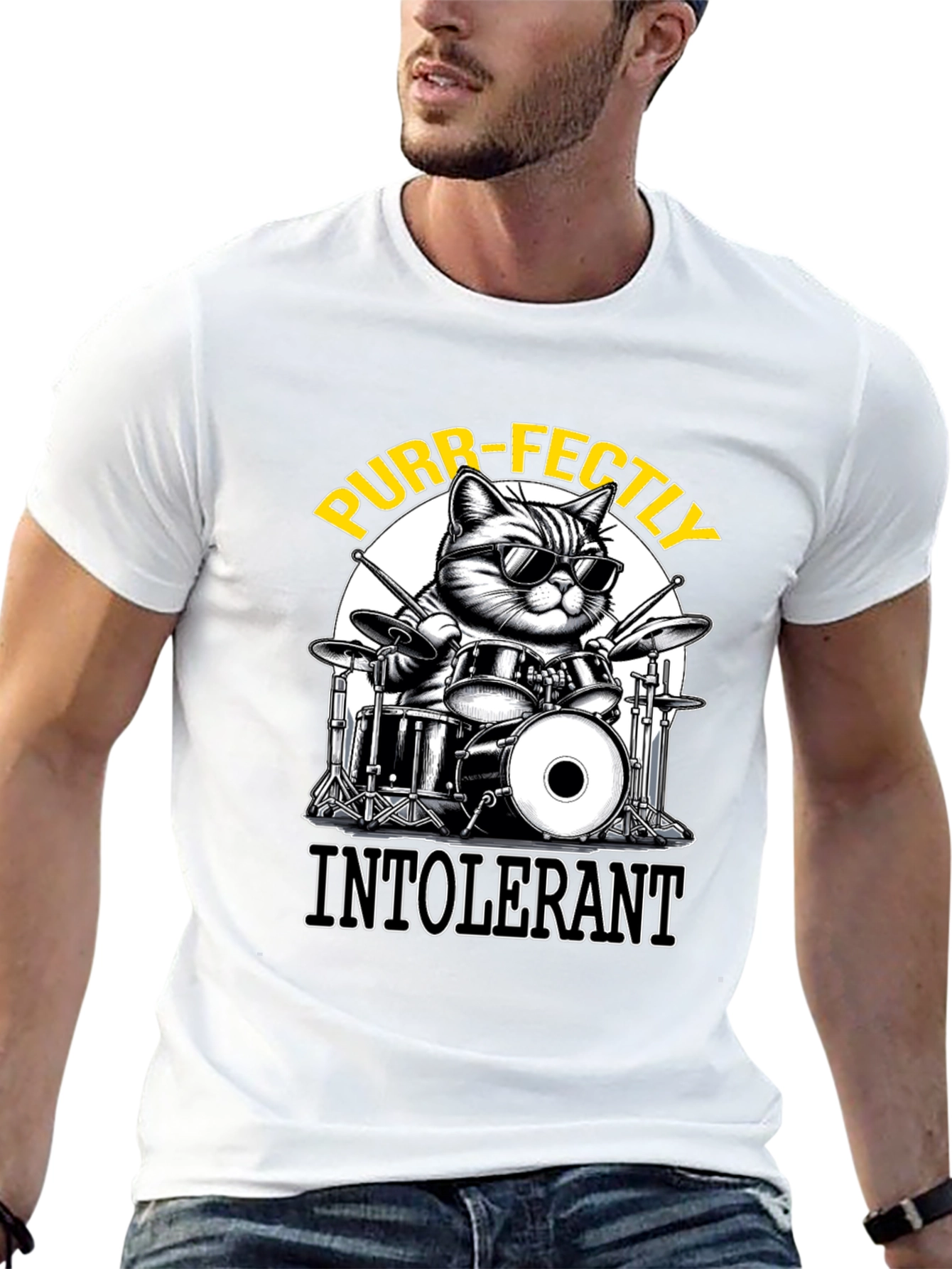 Purr-fectly Intolerant Cat Drummer T-Shirt