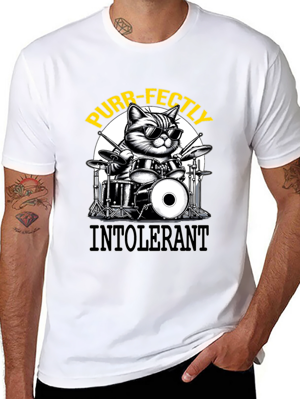 Purr-fectly Intolerant Cat Drummer T-Shirt