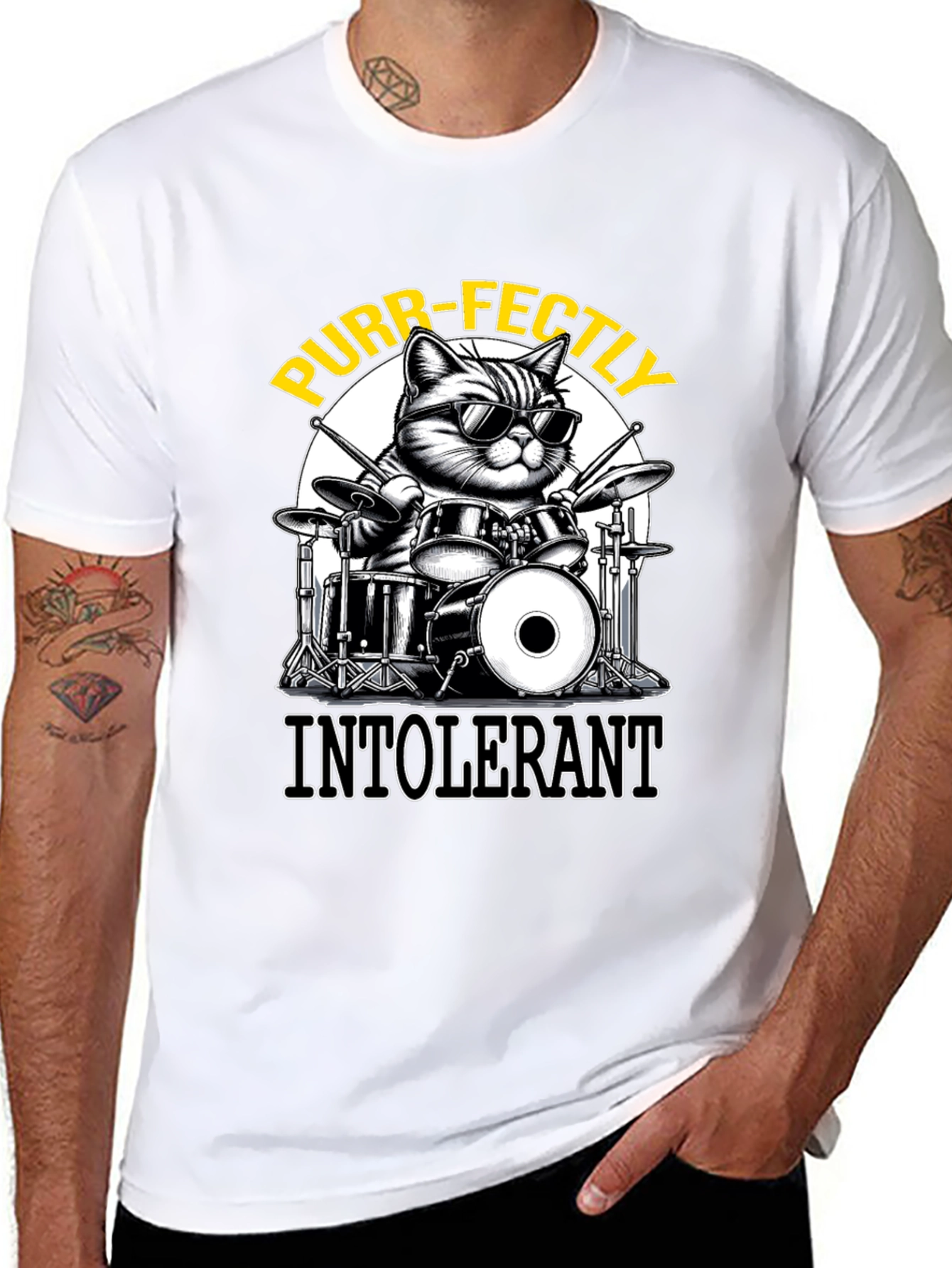 Purr-fectly Intolerant Cat Drummer T-Shirt