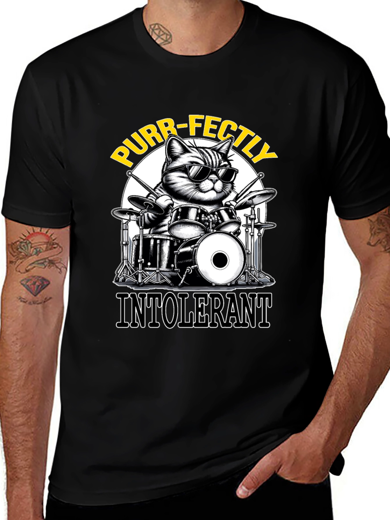 Purr-fectly Intolerant Cat Drummer T-Shirt