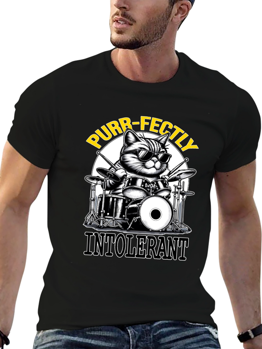Purr-fectly Intolerant Cat Drummer T-Shirt