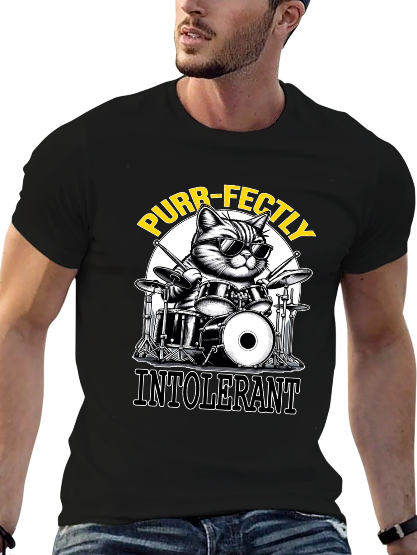 Purr-fectly Intolerant Cat Drummer T-Shirt