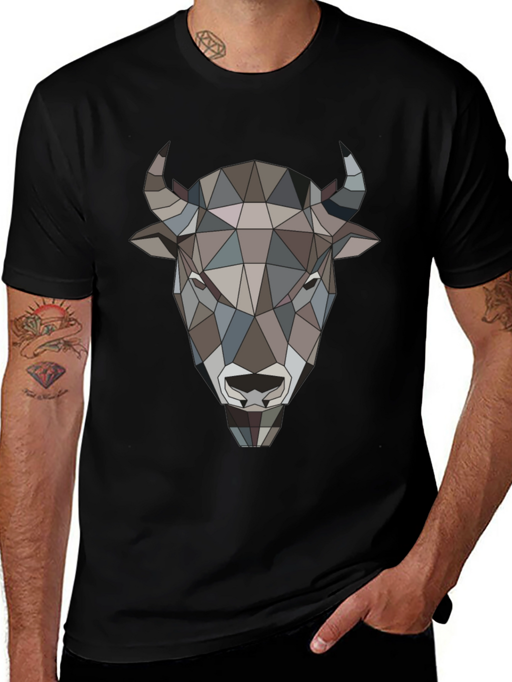 Geometric Buffalo Head Graphic Tee - Mens Black T-Shirt