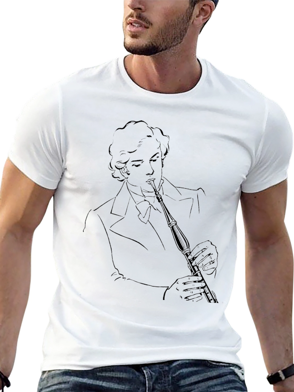Black T-Shirt with Musician Line Art