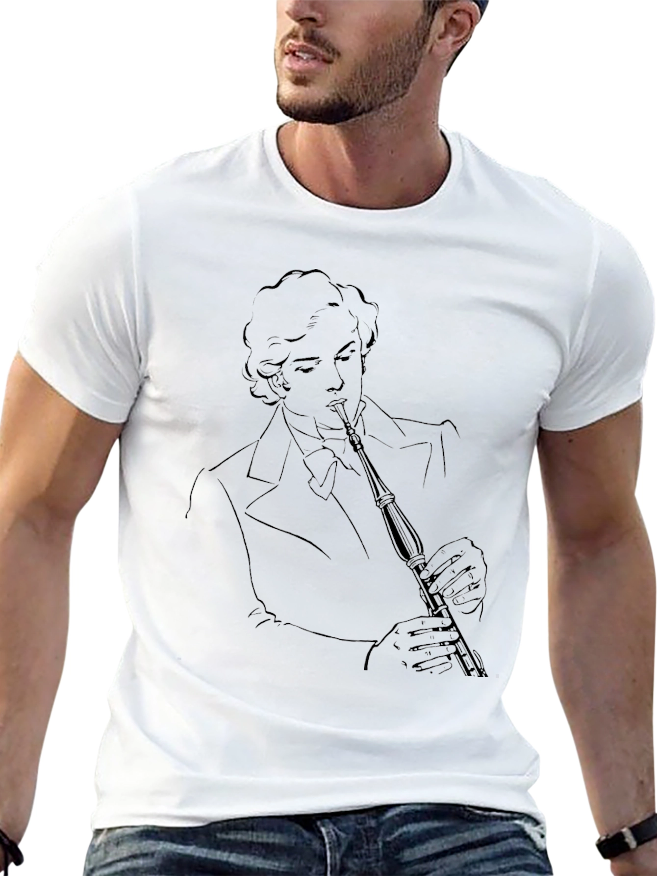 Black T-Shirt with Musician Line Art