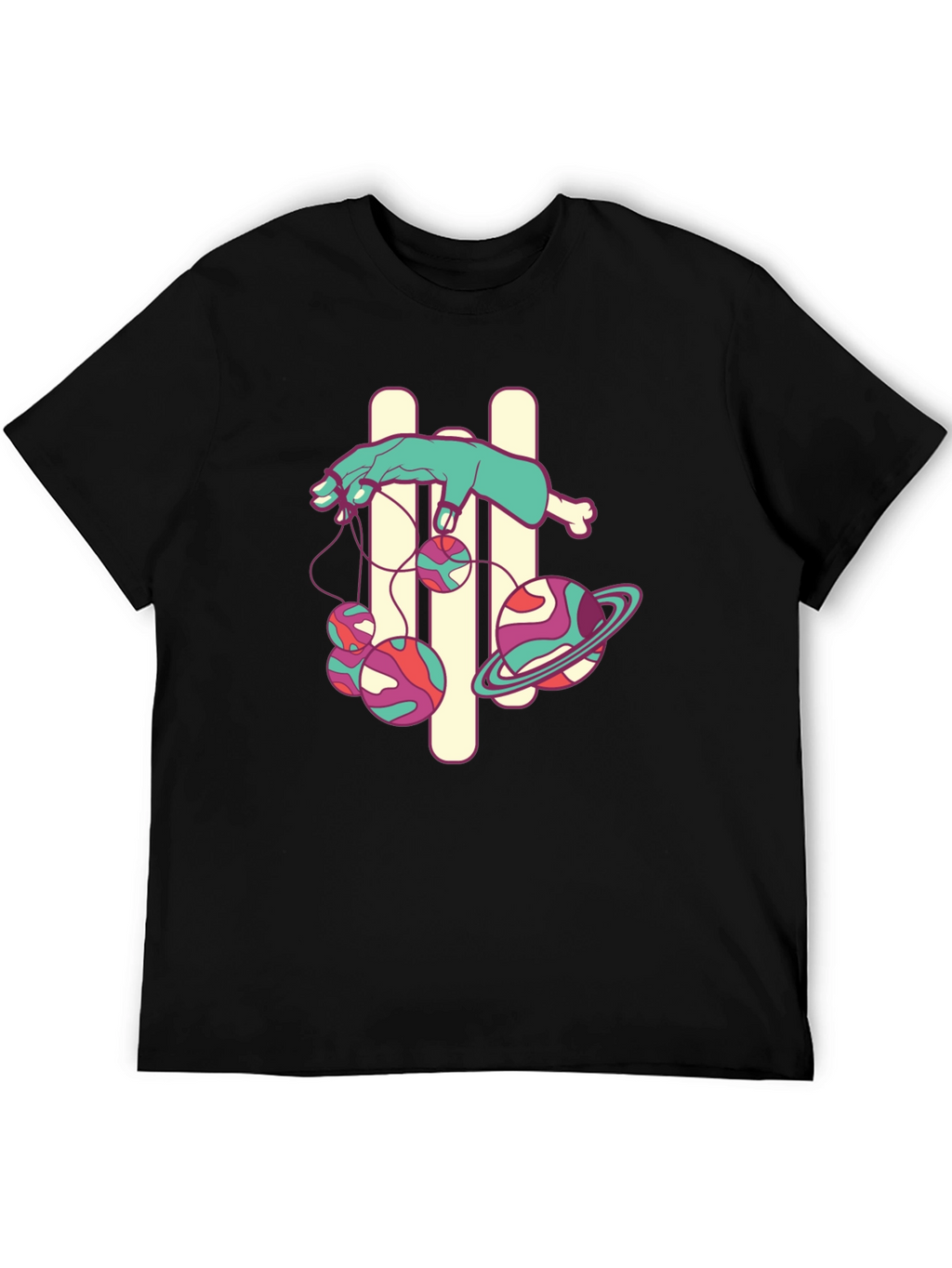 Black Graphic Tee with Puppet Hand and Planets Design