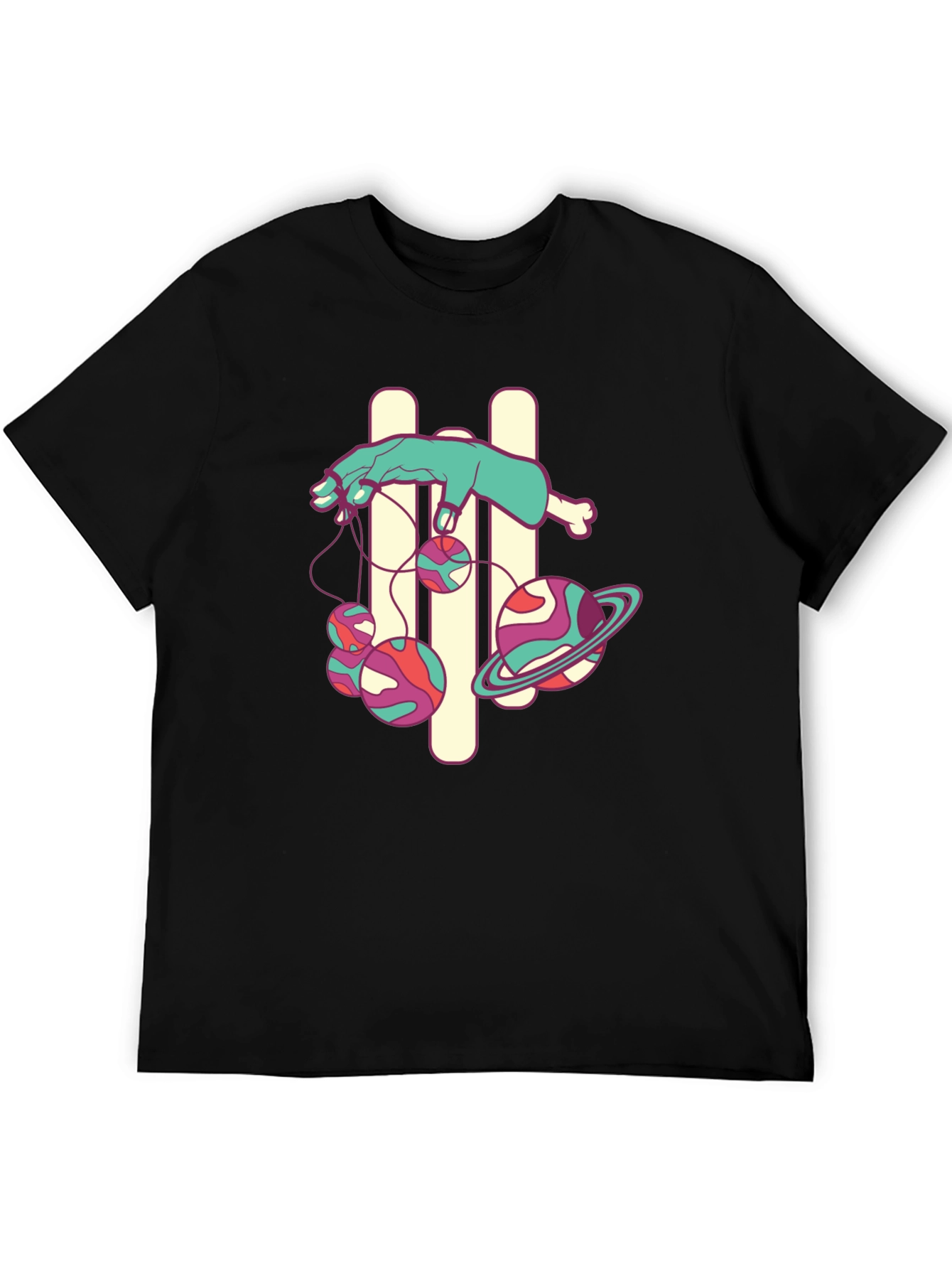 Black Graphic Tee with Puppet Hand and Planets Design