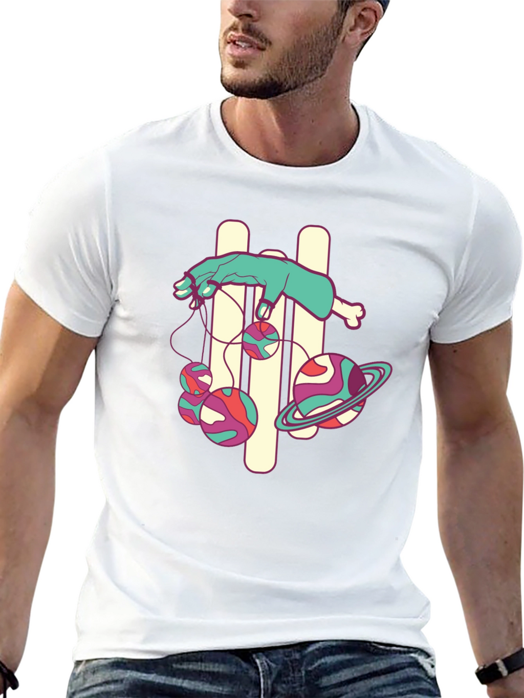 Black Graphic Tee with Puppet Hand and Planets Design