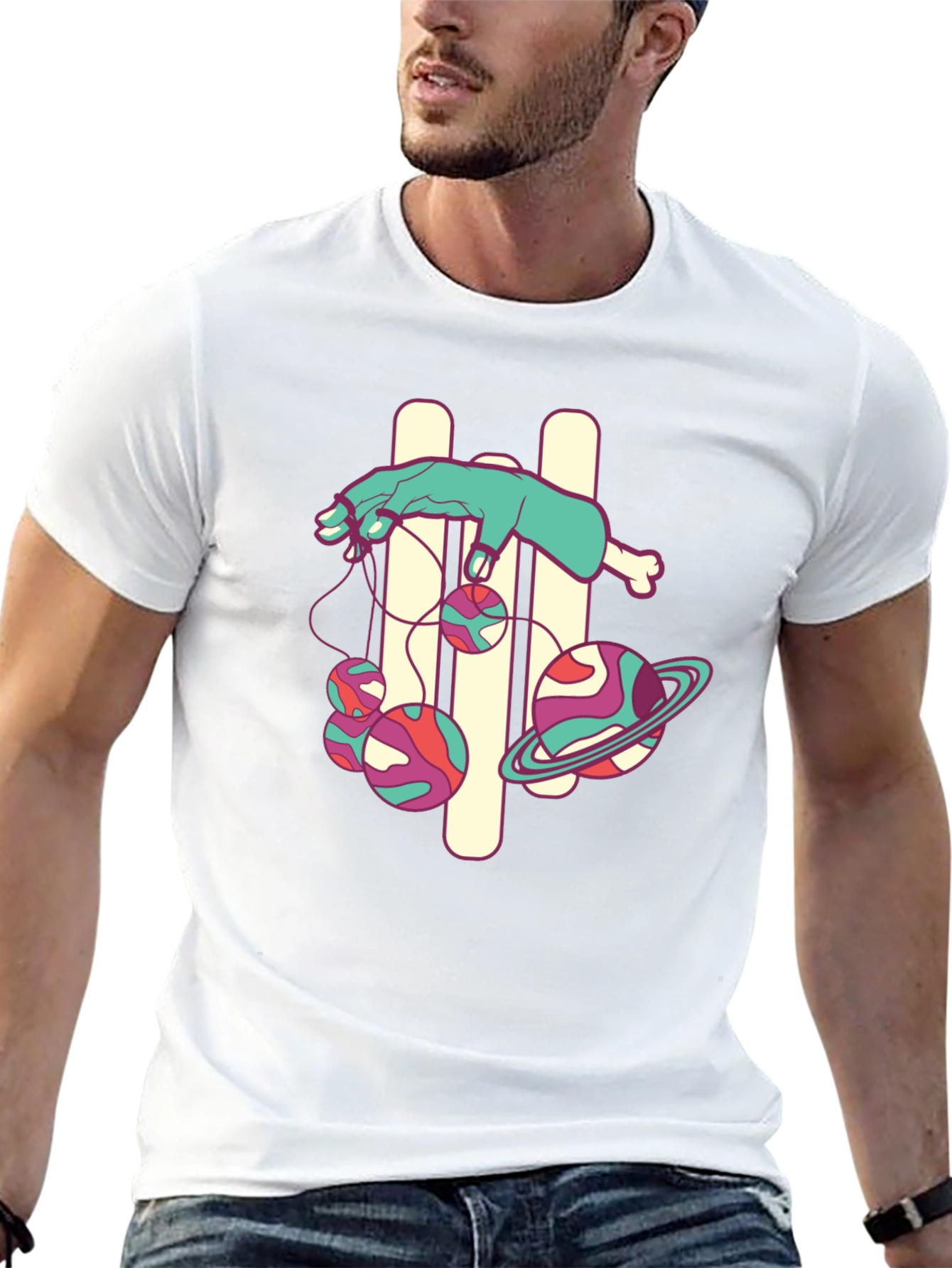 Black Graphic Tee with Puppet Hand and Planets Design