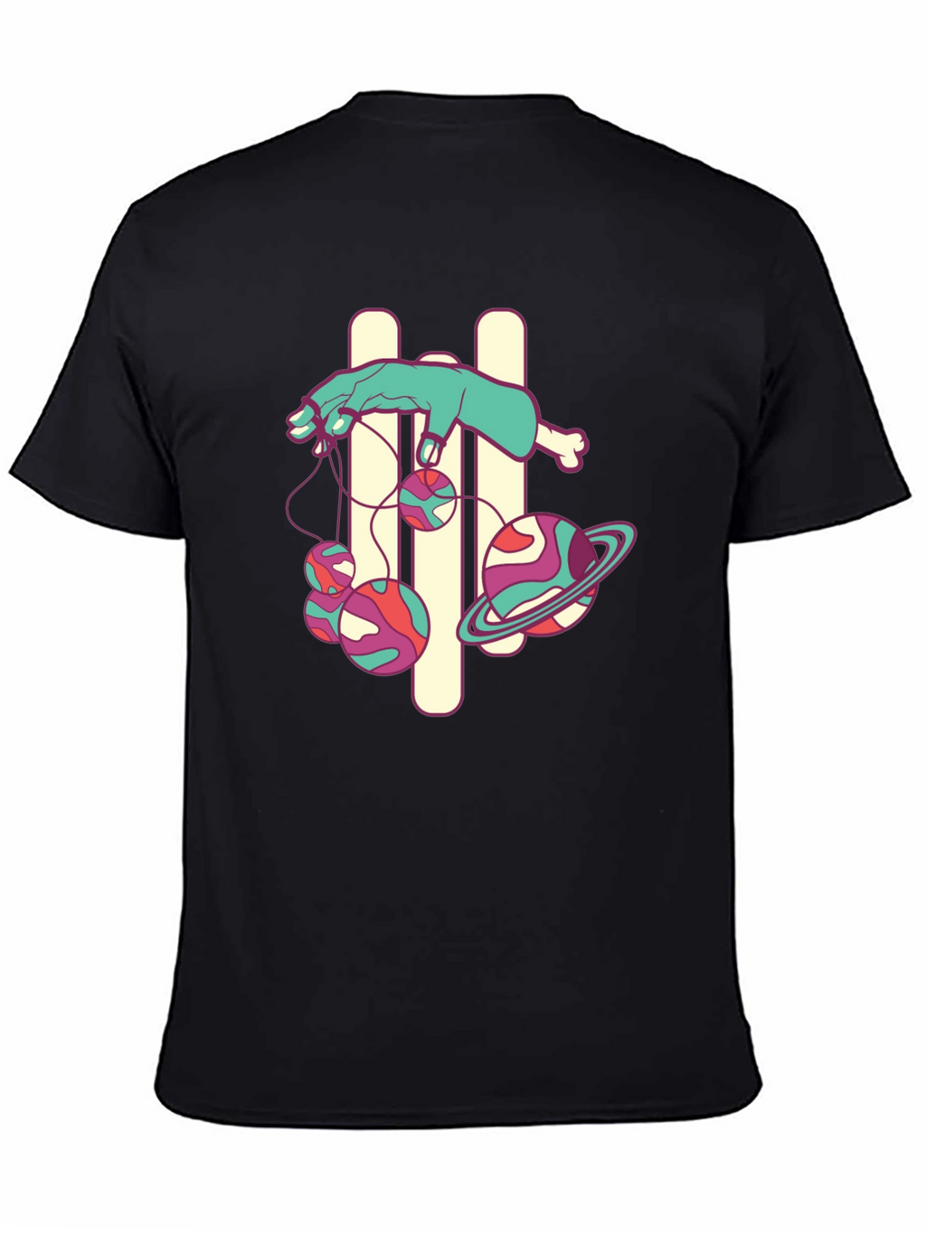 Black Graphic Tee with Puppet Hand and Planets Design
