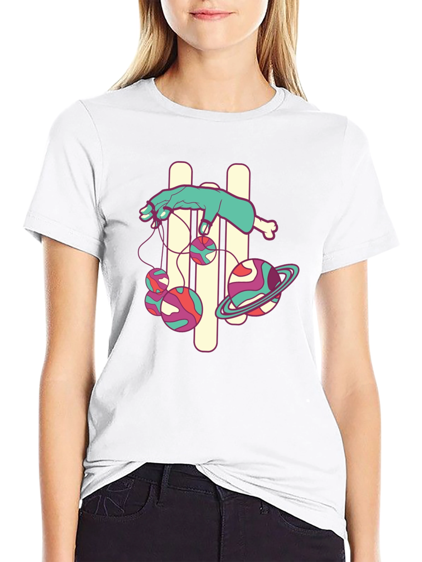 Black Graphic Tee with Puppet Hand and Planets Design