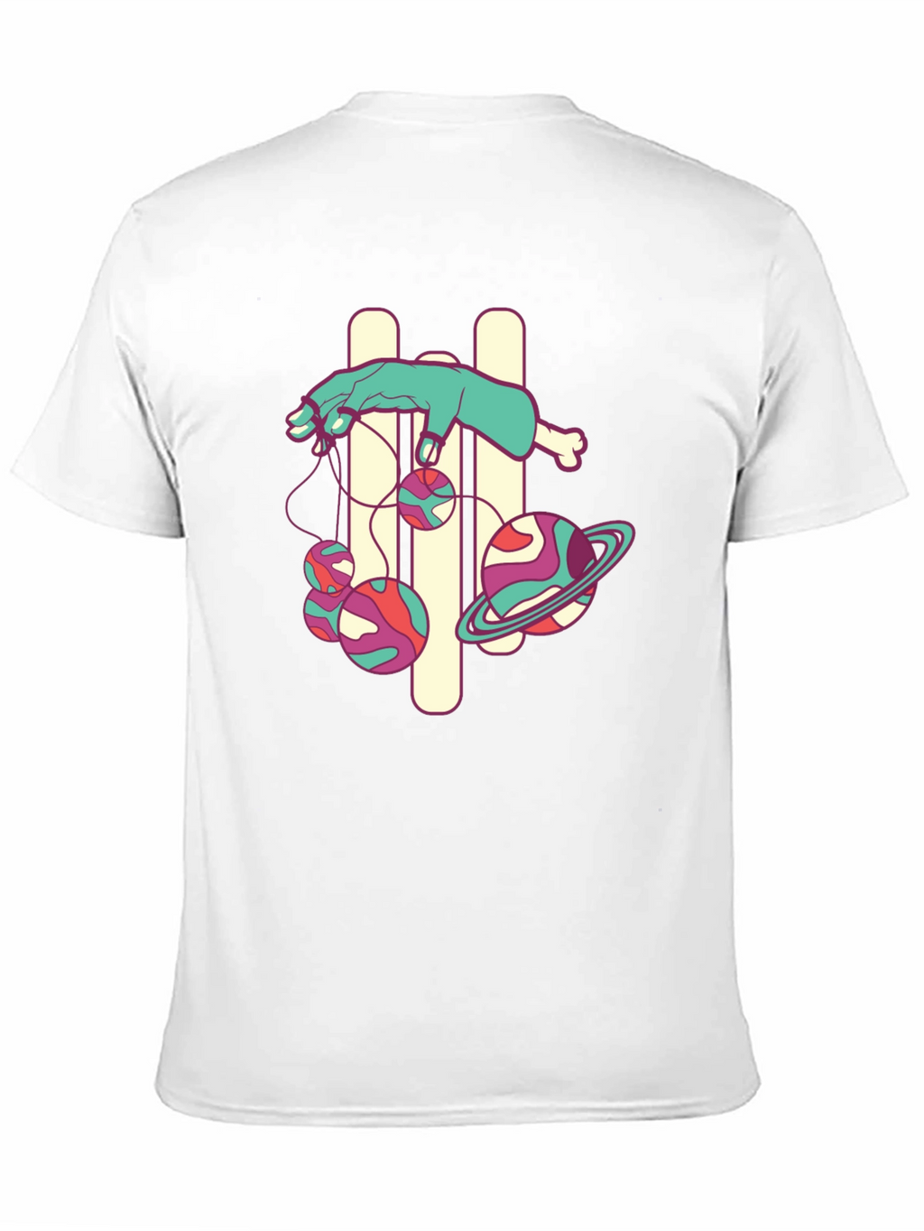 Black Graphic Tee with Puppet Hand and Planets Design