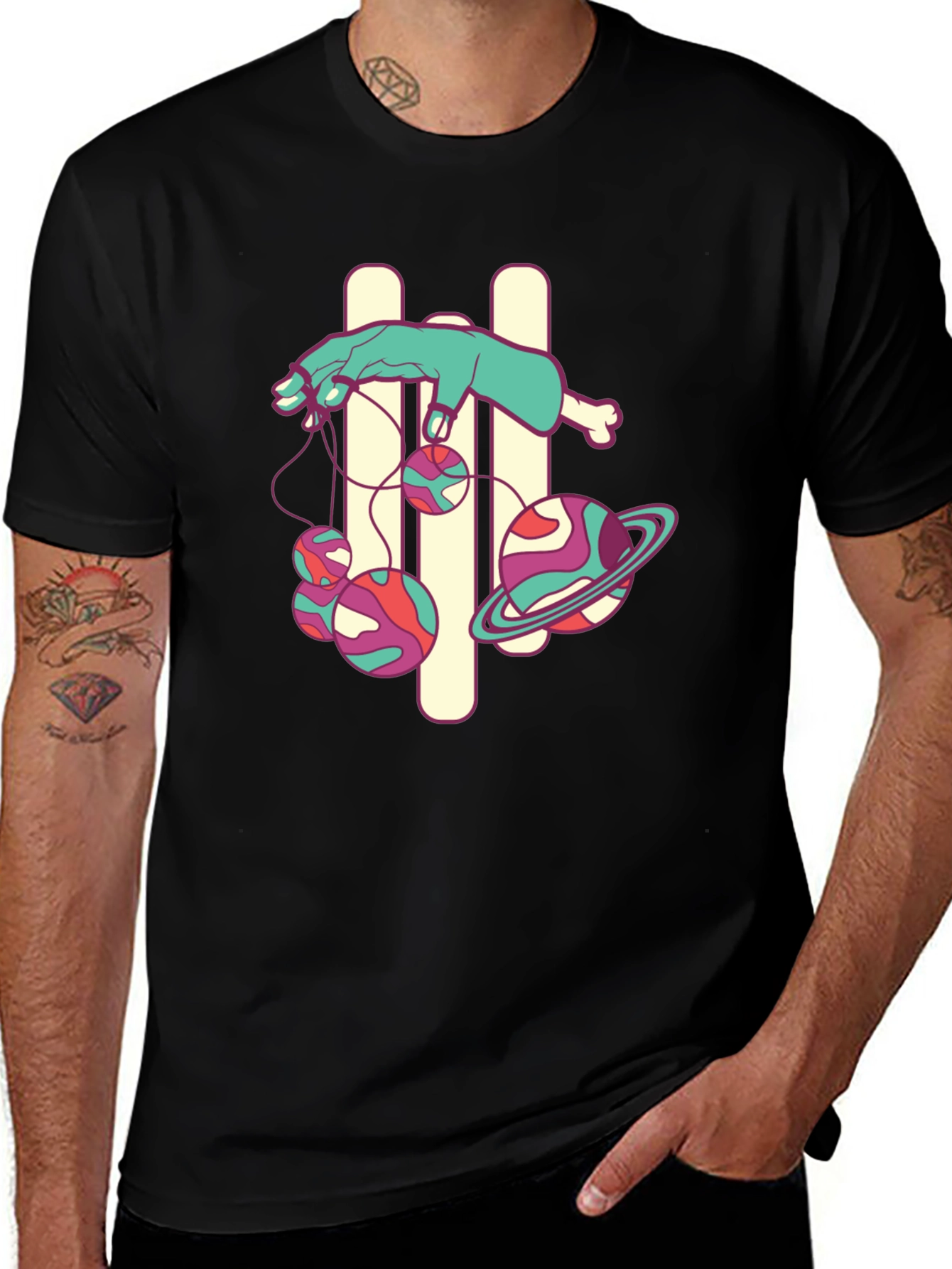 Black Graphic Tee with Puppet Hand and Planets Design
