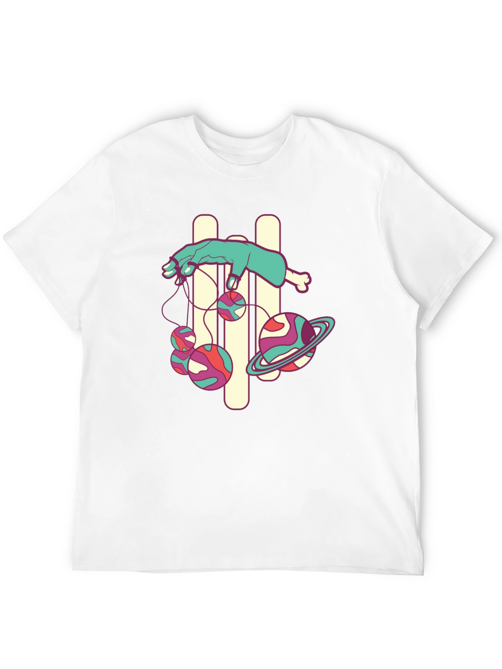 Black Graphic Tee with Puppet Hand and Planets Design