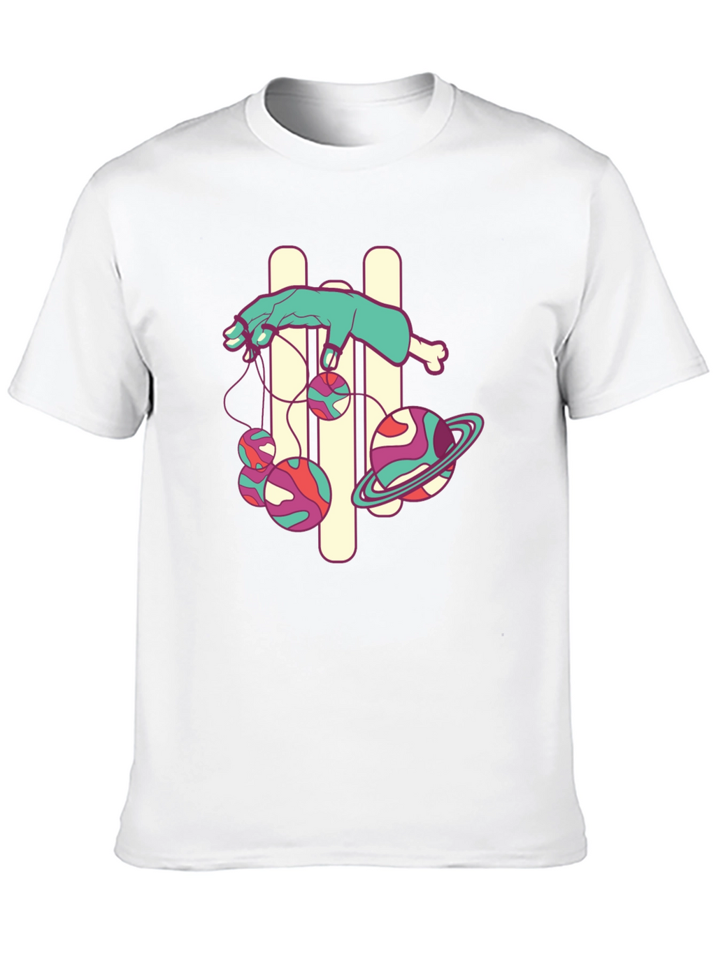 Black Graphic Tee with Puppet Hand and Planets Design