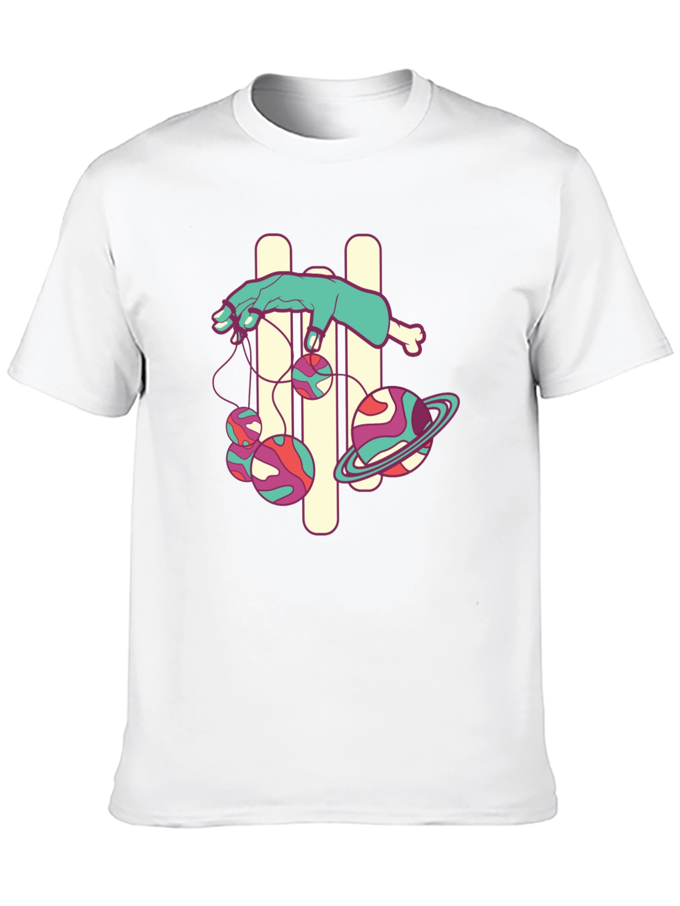 Black Graphic Tee with Puppet Hand and Planets Design
