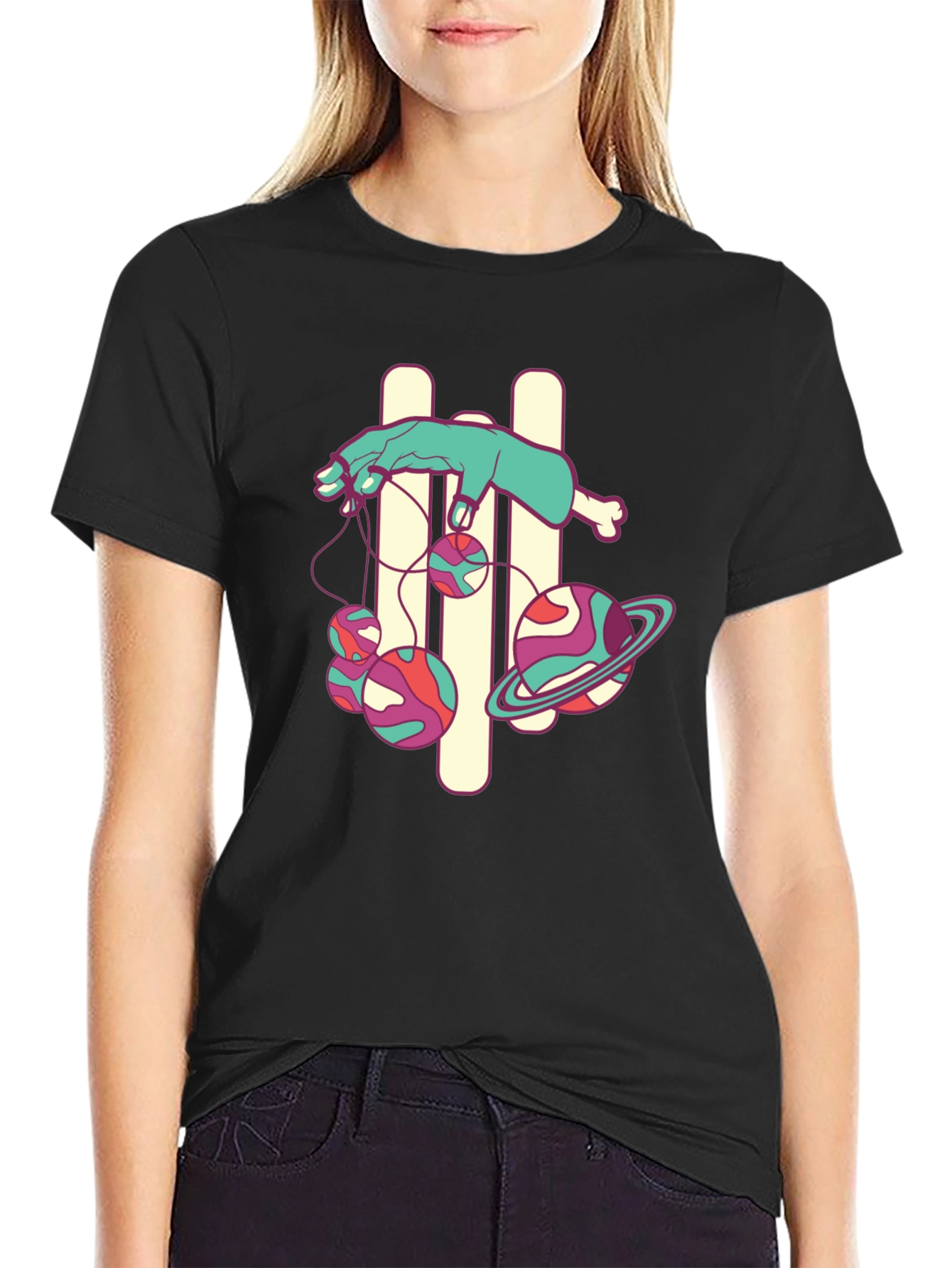 Black Graphic Tee with Puppet Hand and Planets Design