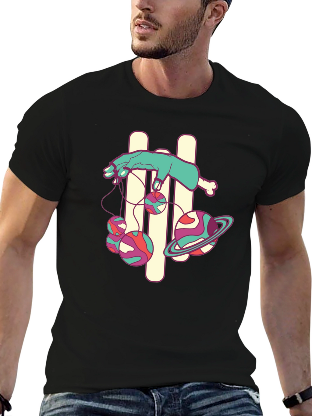 Black Graphic Tee with Puppet Hand and Planets Design