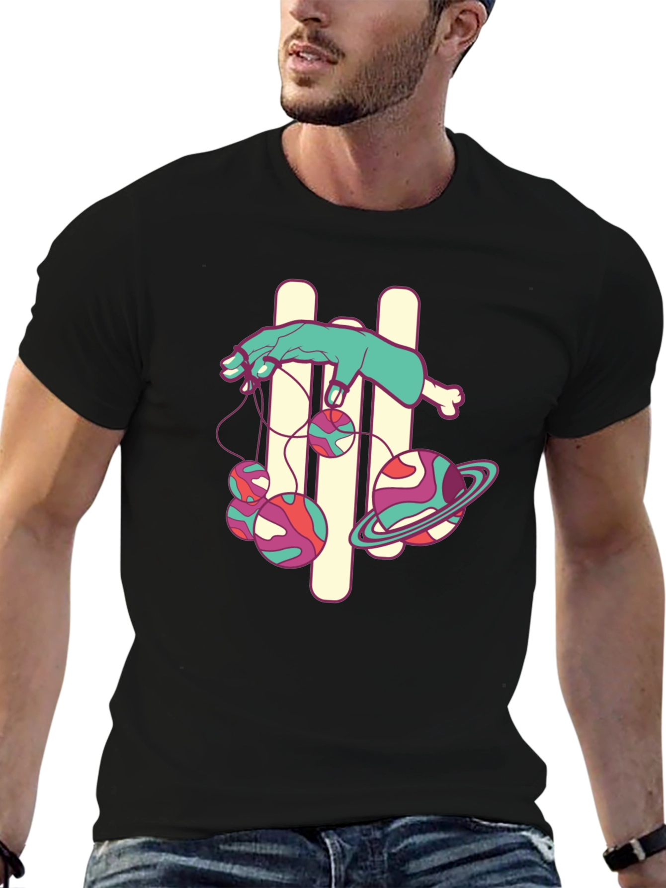 Black Graphic Tee with Puppet Hand and Planets Design