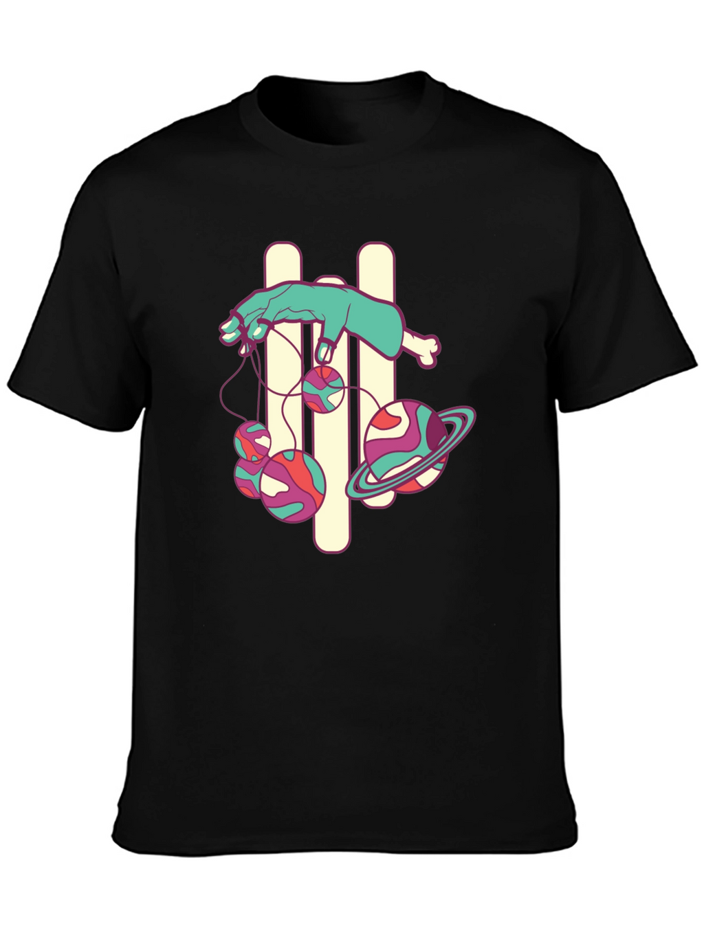 Black Graphic Tee with Puppet Hand and Planets Design