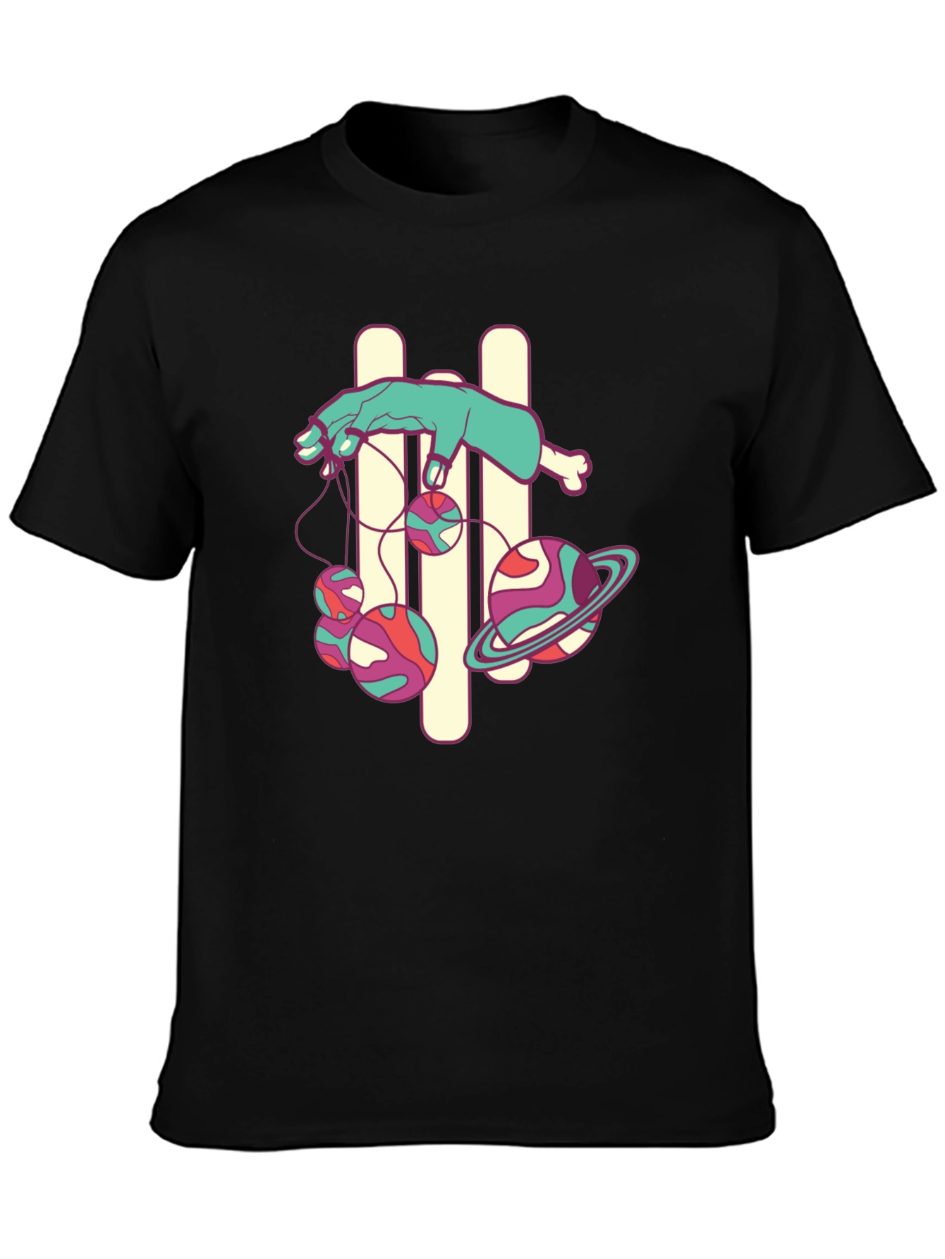 Black Graphic Tee with Puppet Hand and Planets Design