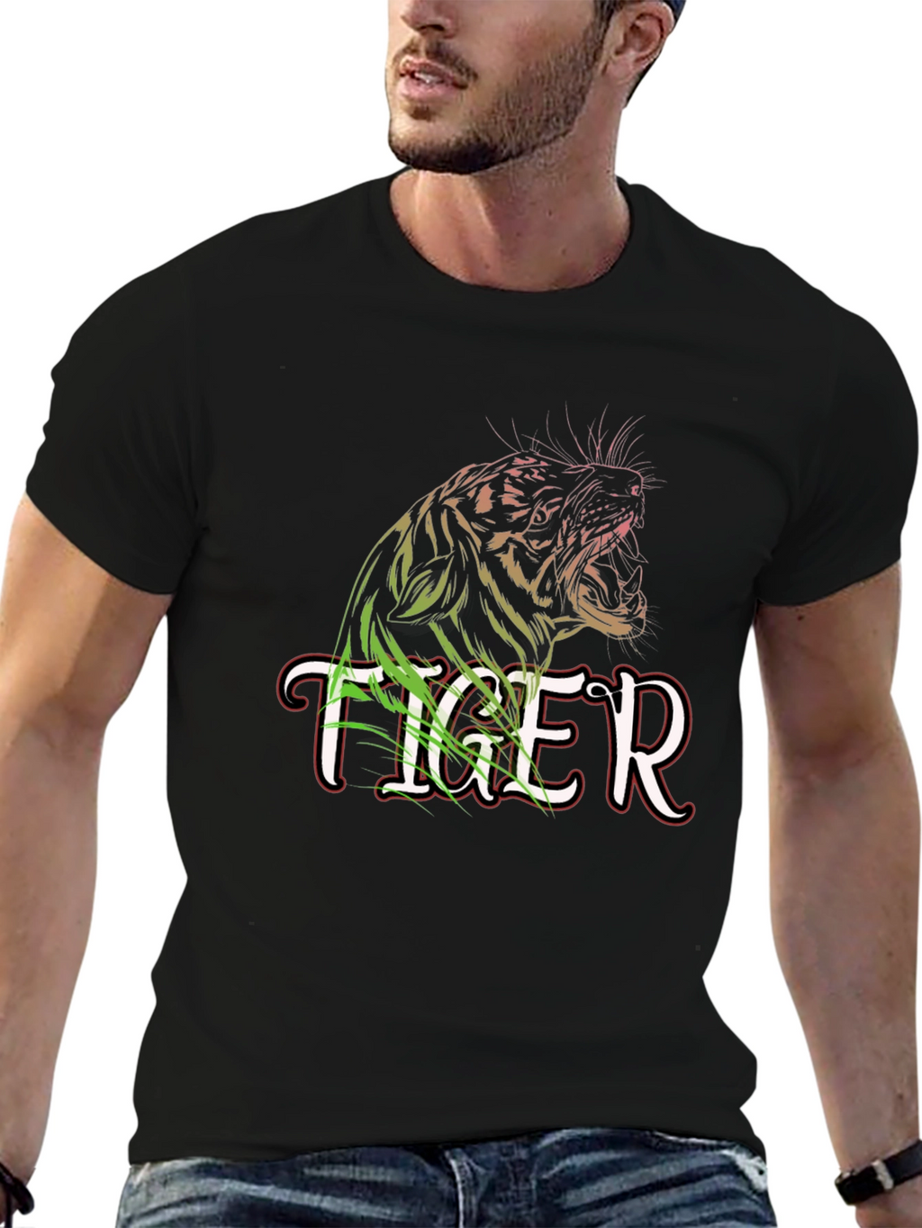 Tiger Graphic Print Black Crew Neck T-Shirt