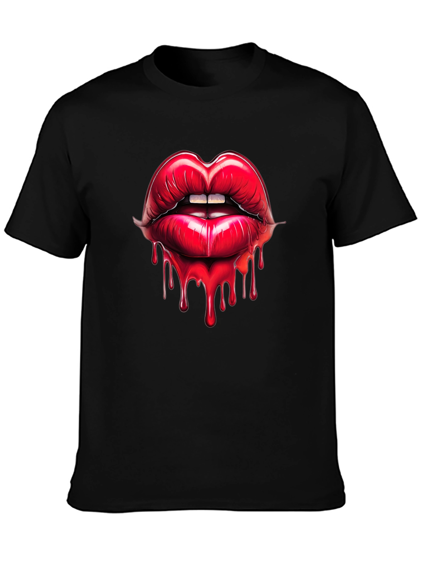 Red Lips Drip Graphic Black T-Shirt