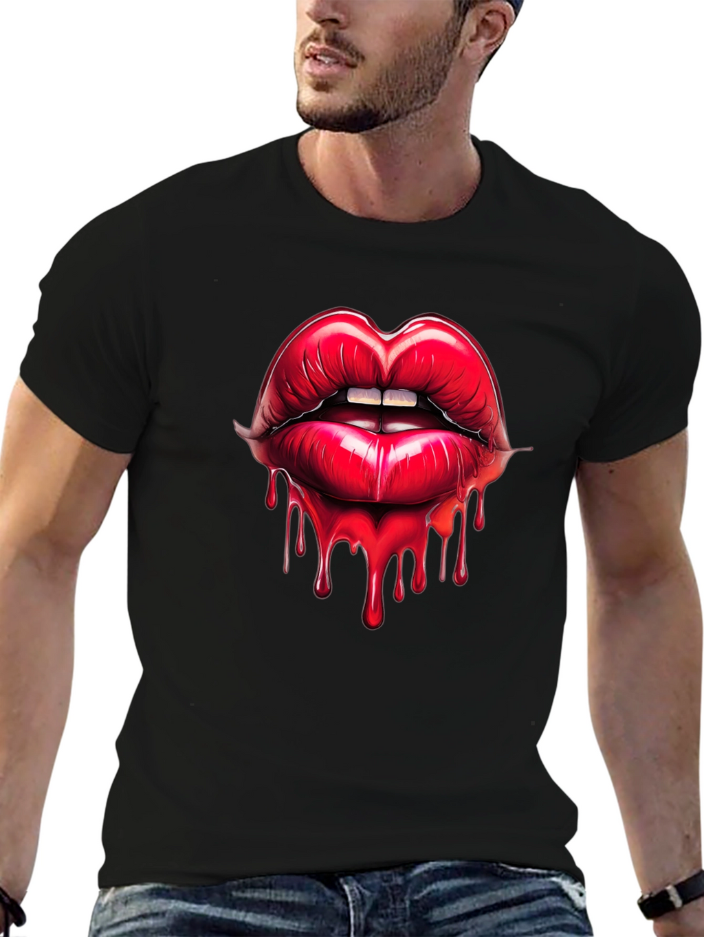 Red Lips Drip Graphic Black T-Shirt