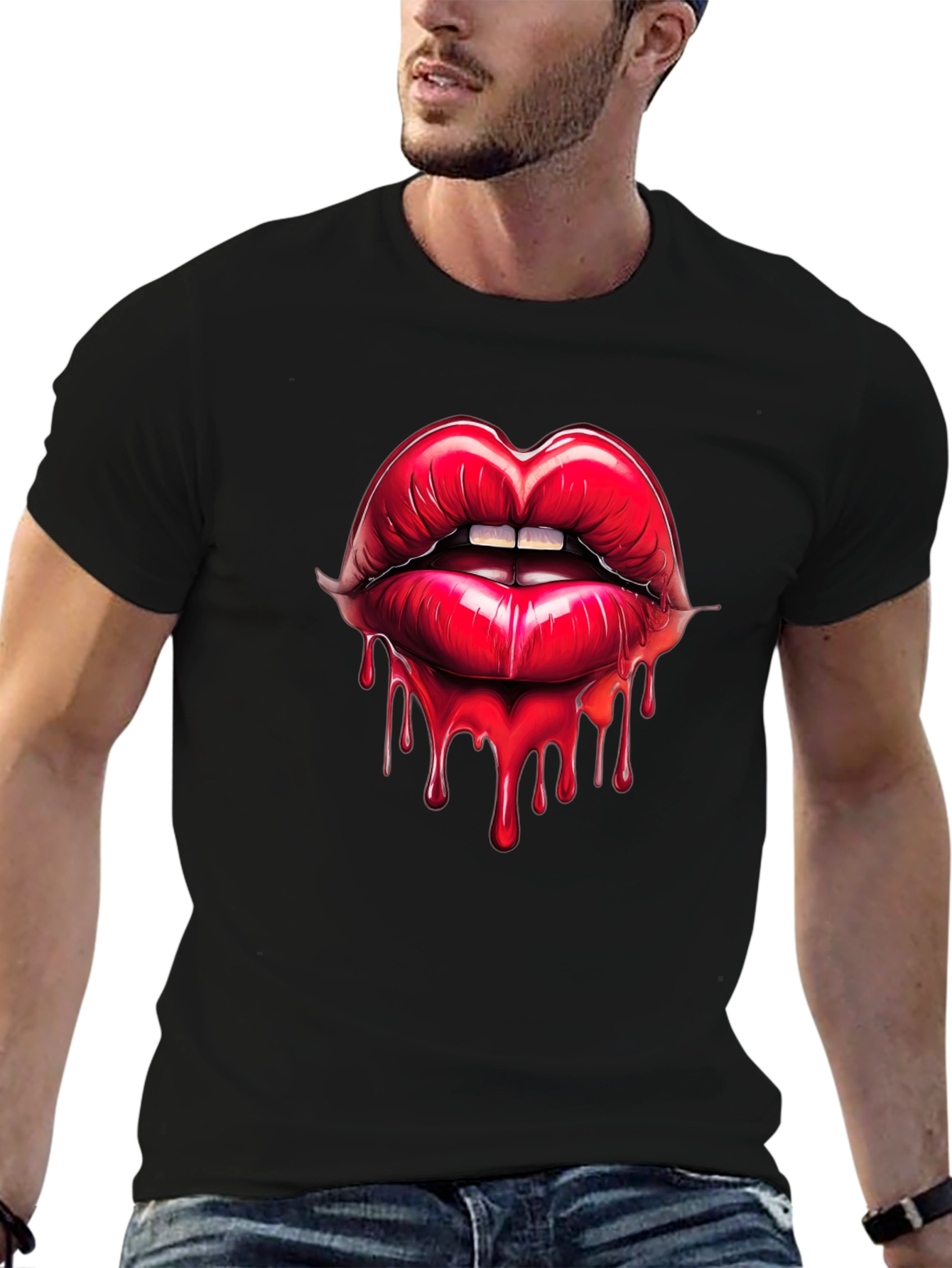 Red Lips Drip Graphic Black T-Shirt