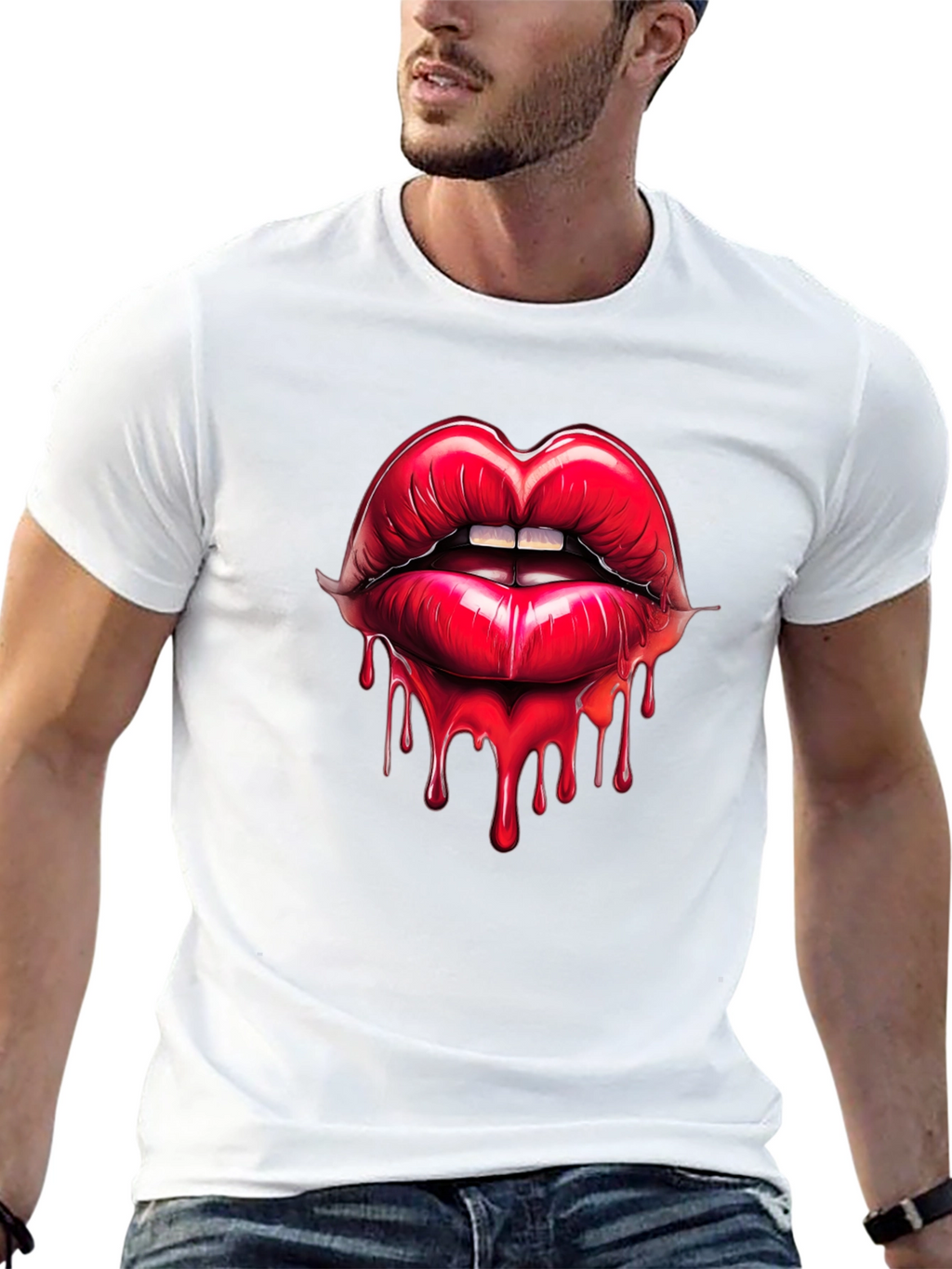 Red Lips Drip Graphic Black T-Shirt