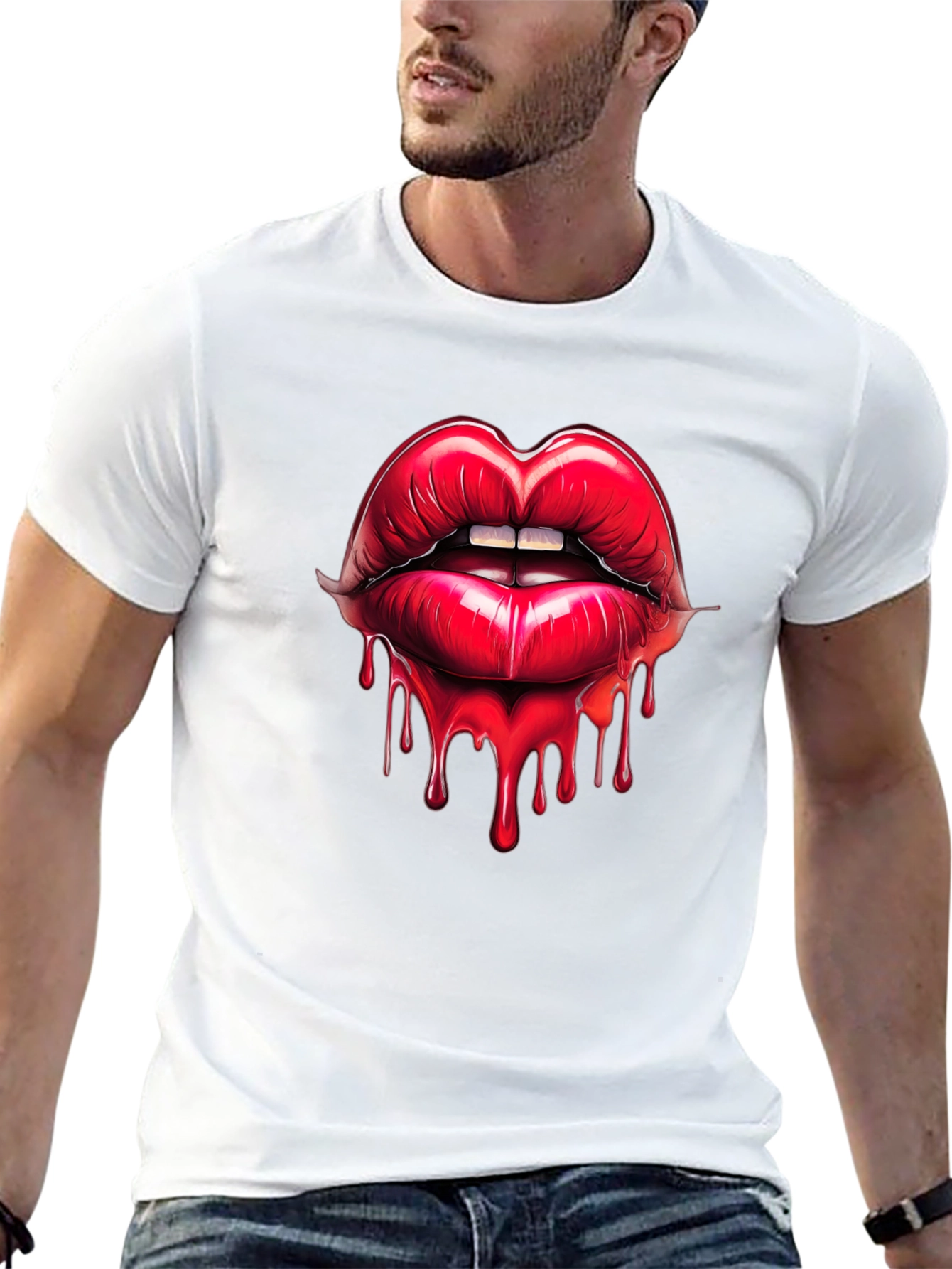 Red Lips Drip Graphic Black T-Shirt