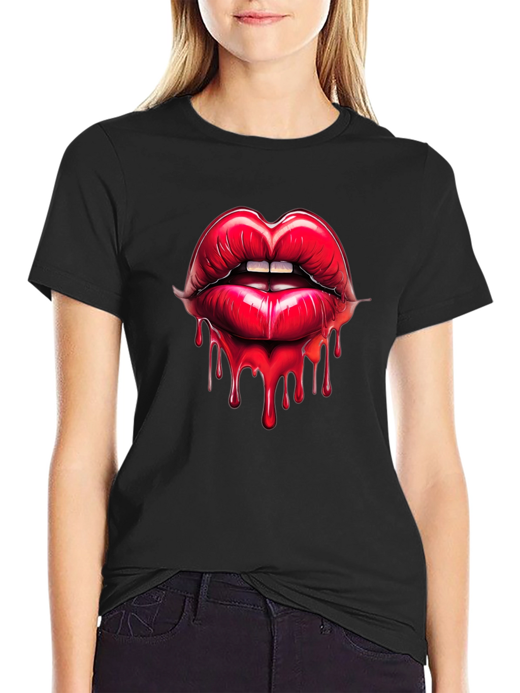 Red Lips Drip Graphic Black T-Shirt