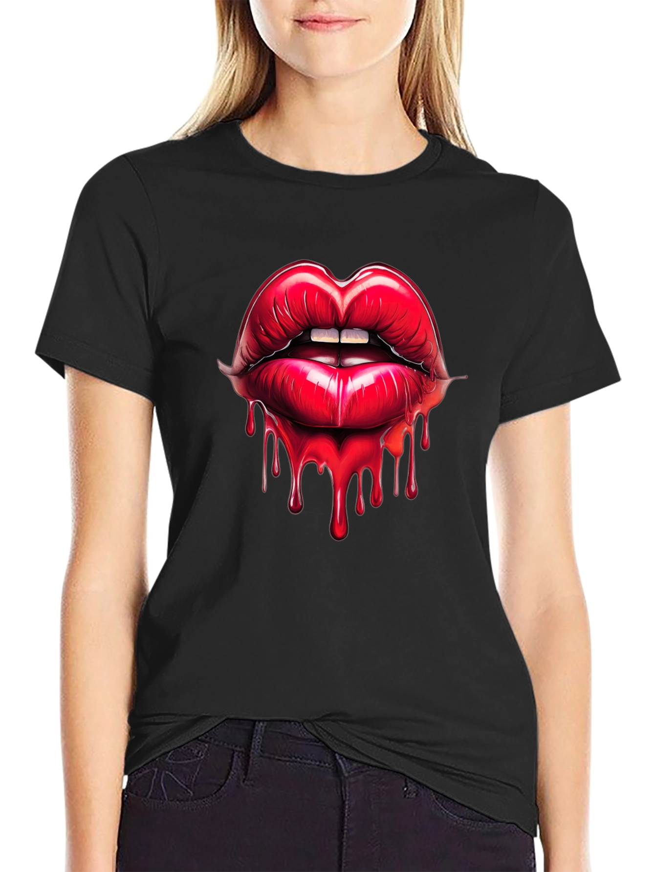 Red Lips Drip Graphic Black T-Shirt