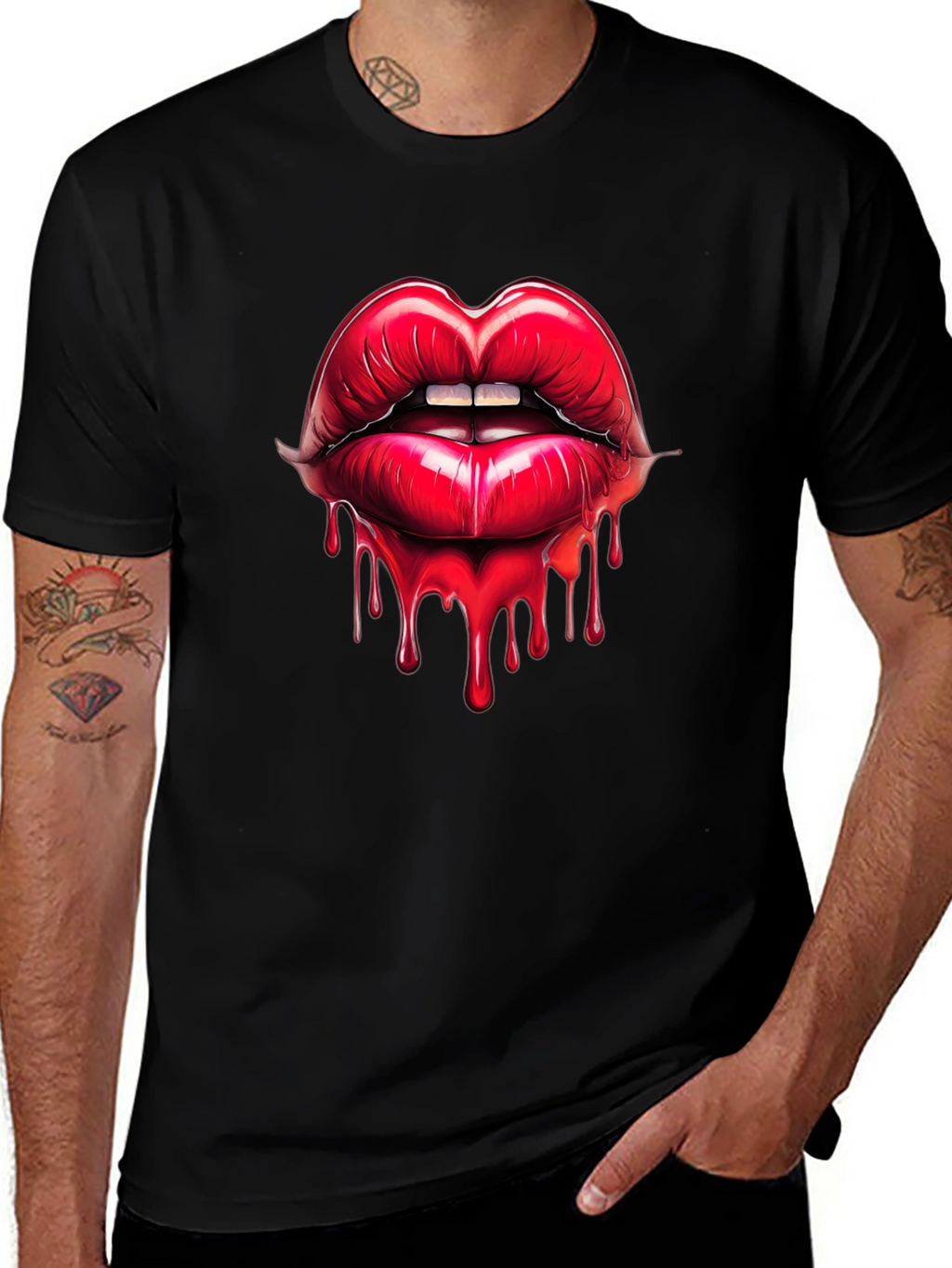 Red Lips Drip Graphic Black T-Shirt