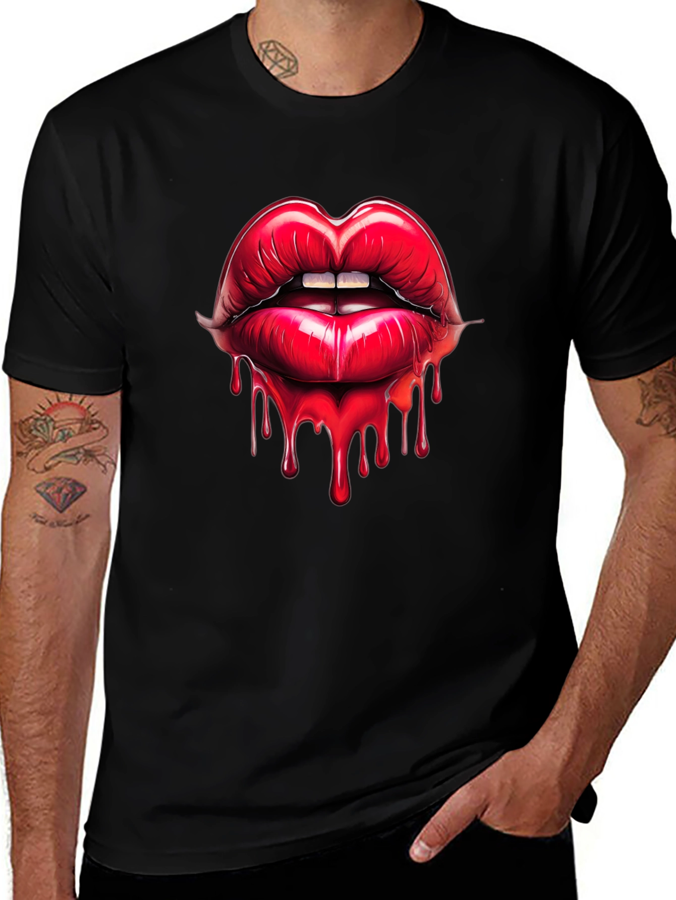 Red Lips Drip Graphic Black T-Shirt