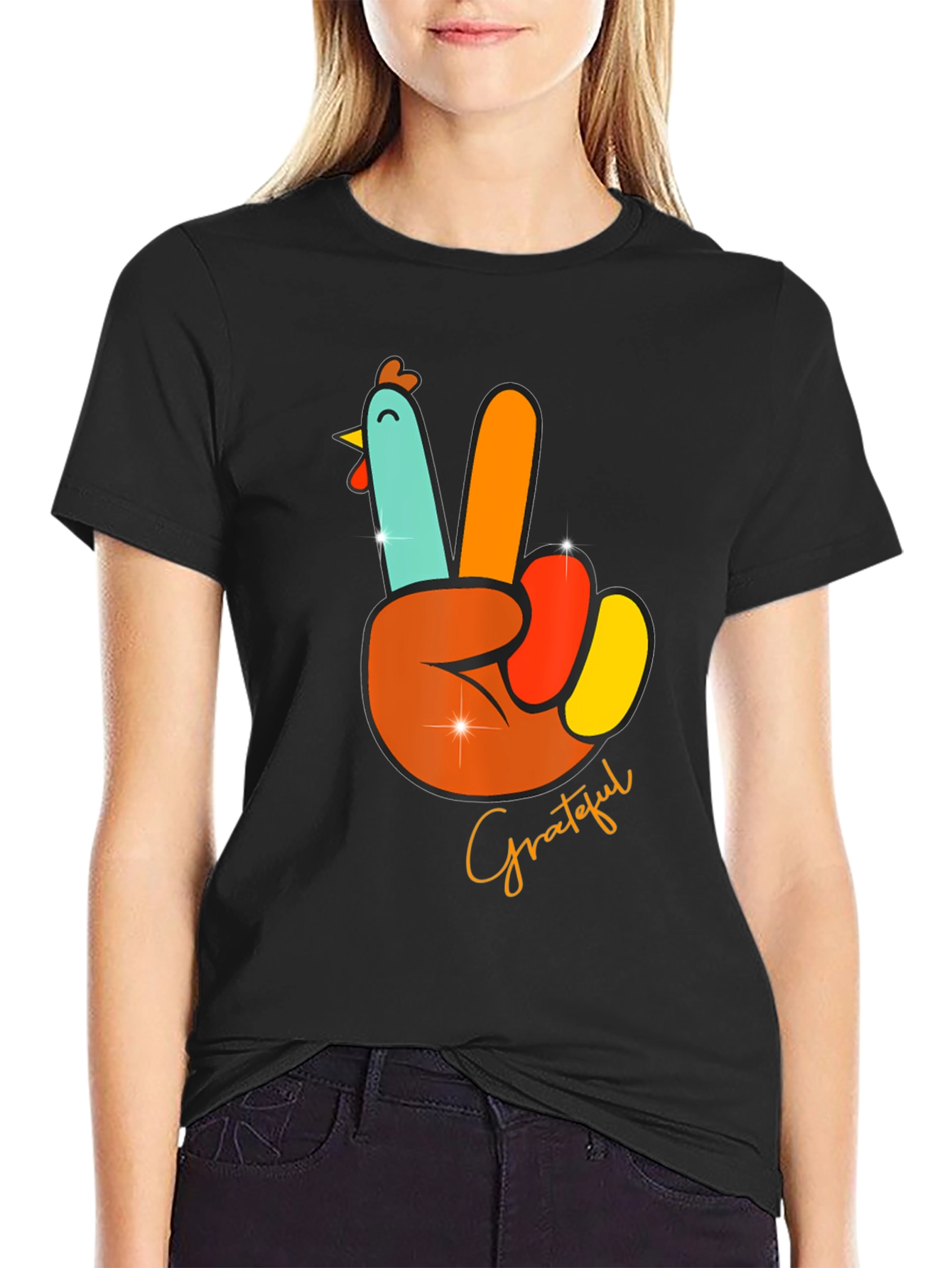 Grateful Turkey Peace Sign Thanksgiving T-Shirt