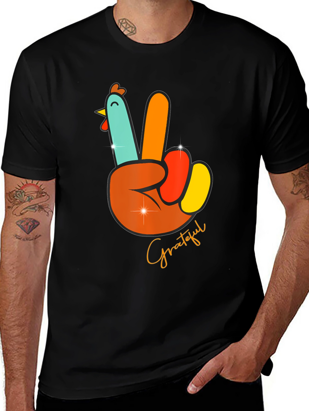 Grateful Turkey Peace Sign Thanksgiving T-Shirt