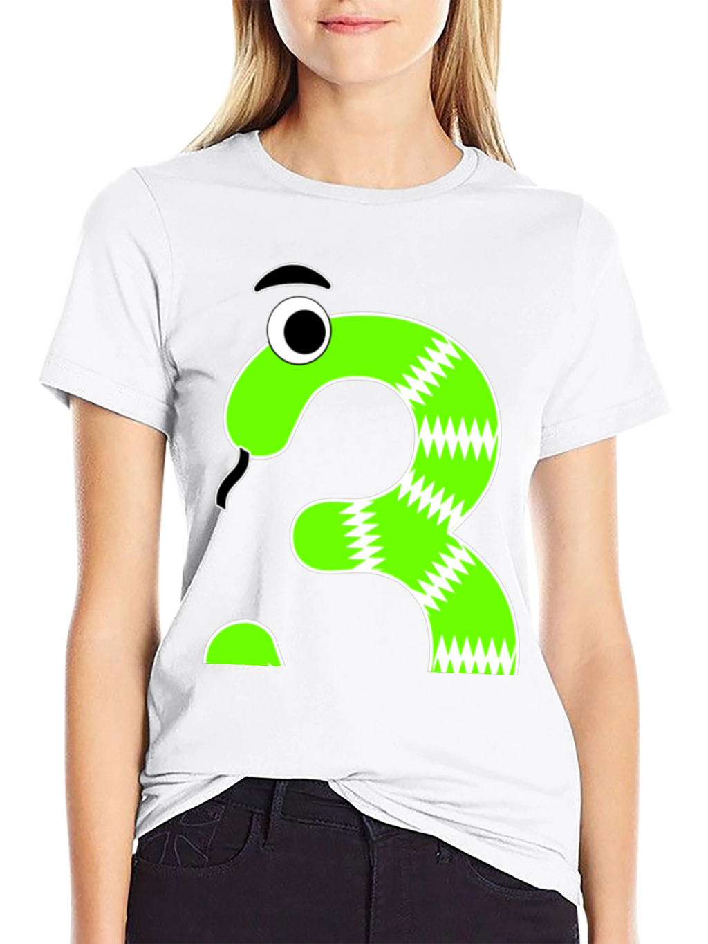 Cartoon Snake Question Mark Graphic Tee - Black Cotton