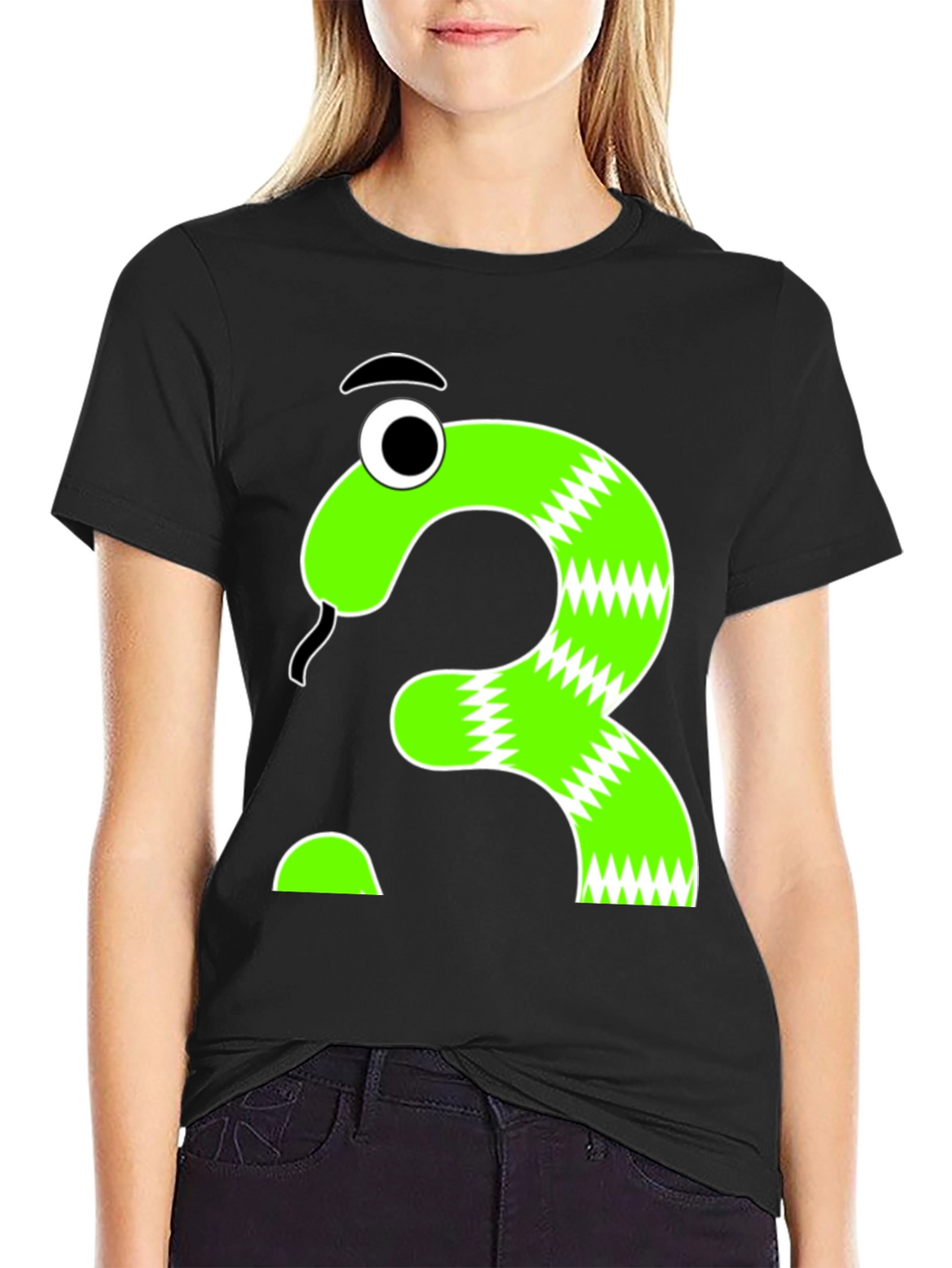 Cartoon Snake Question Mark Graphic Tee - Black Cotton